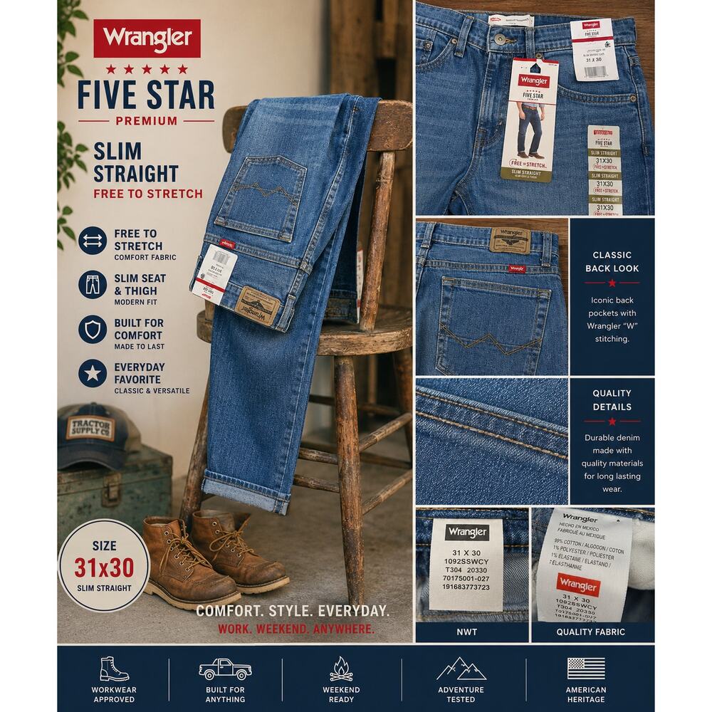 Wrangler Five Star Premium Slim Straight Stretch Jeans Mens 31x30 NWT
